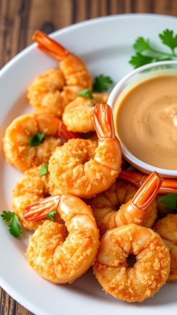 Crispy panko shrimp on a plate with dipping sauce and parsley garnish.